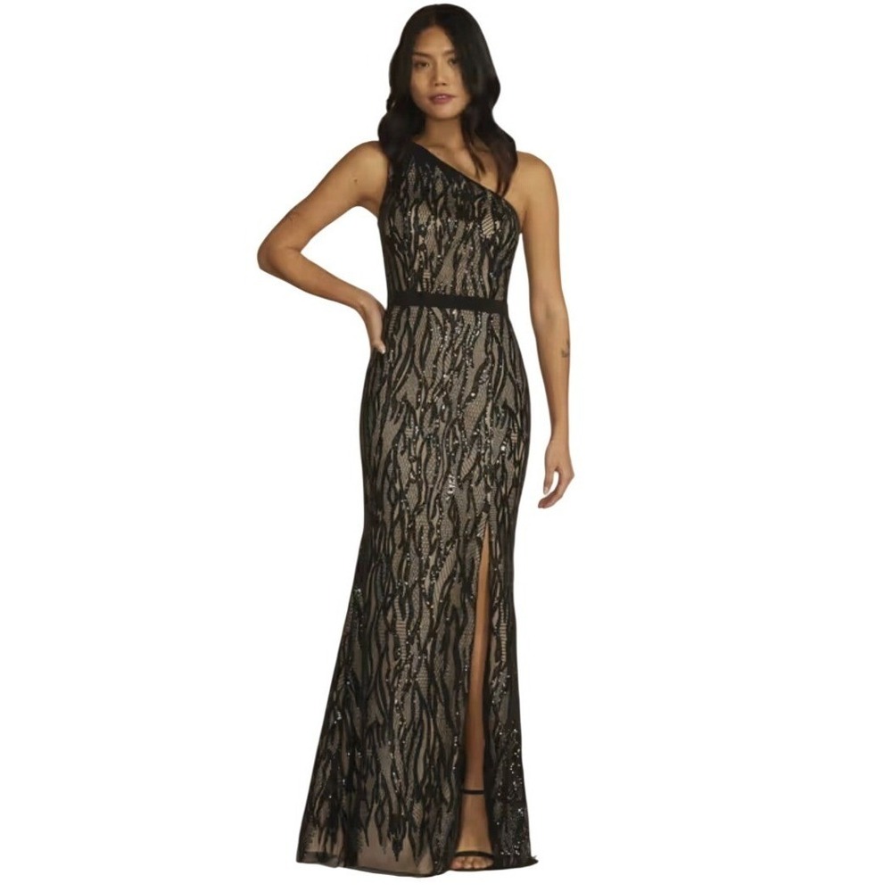Galina Signature Black Sequin One Shoulder Gown Thigh Slit Maxi Dress Size 14